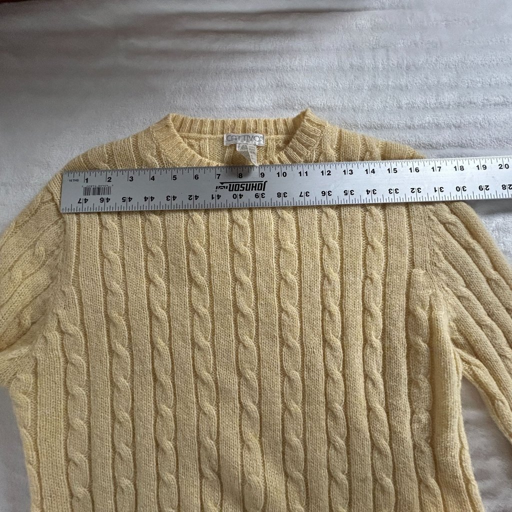 Cattivo Womens Shetland Wool Cable Knit Sweater Yellow Crew Neck Pullover Casual — image 5 of 7
